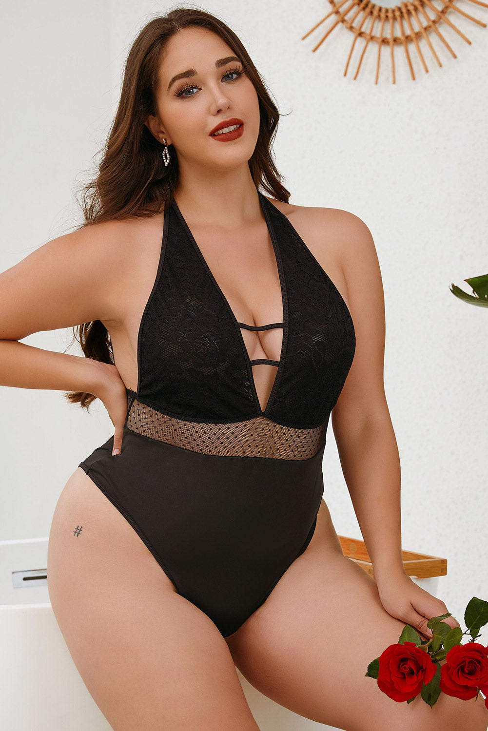 Black Dotty Mesh Floral Lace Plus Size Teddy Lingerie