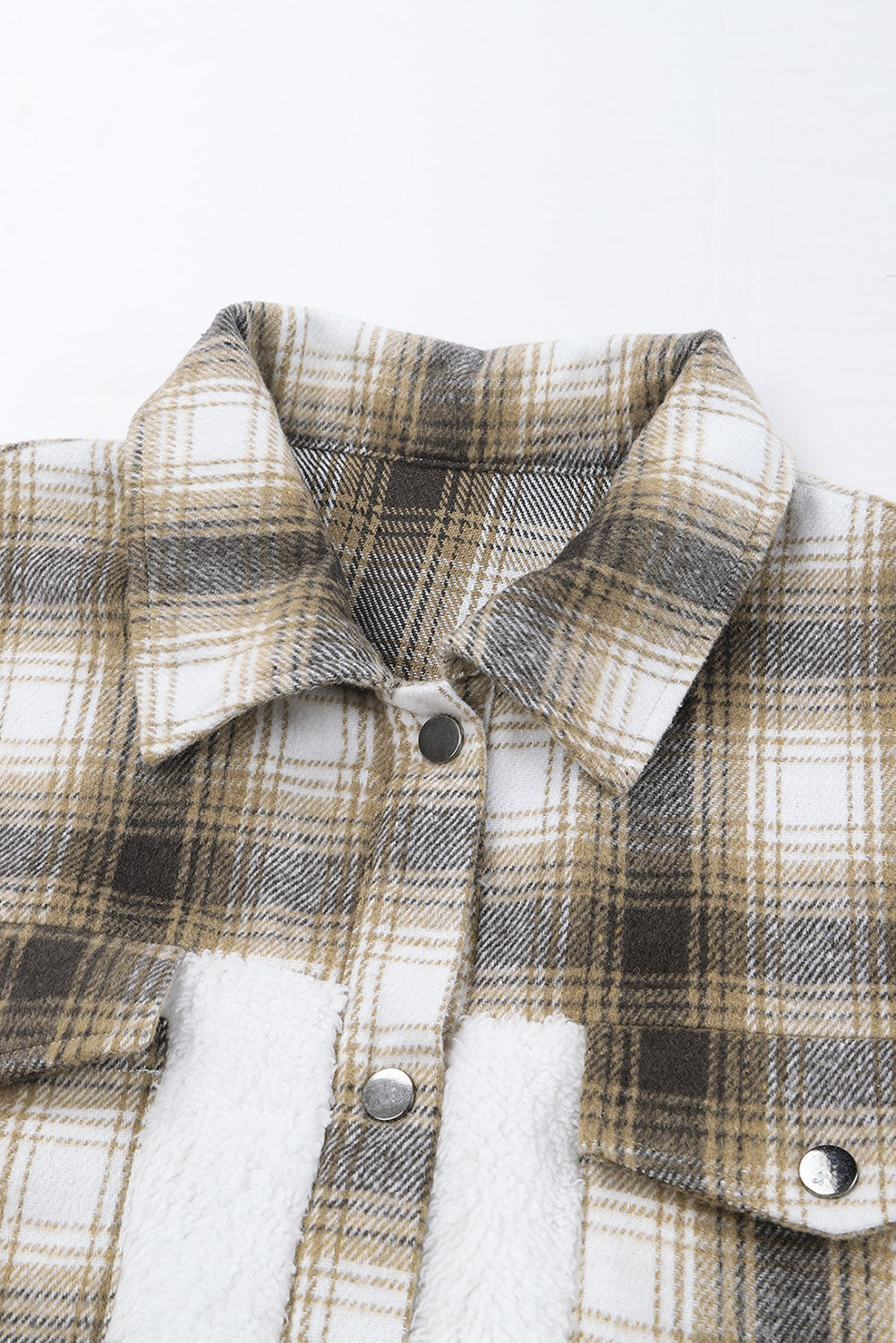 Gray Plaid Patchwork Buttoned Pocket Sherpa Jacket