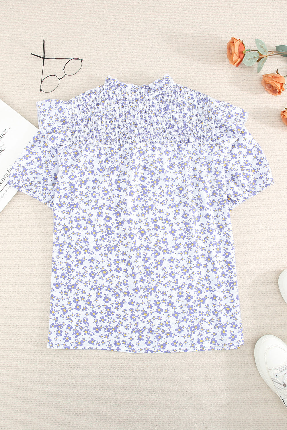 Purple Floral Print Smocked Ruffled V Neck T-shirt