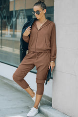 Brown Waffle Knit Zip-Up Hoodie and Pants Athleisure Outfit