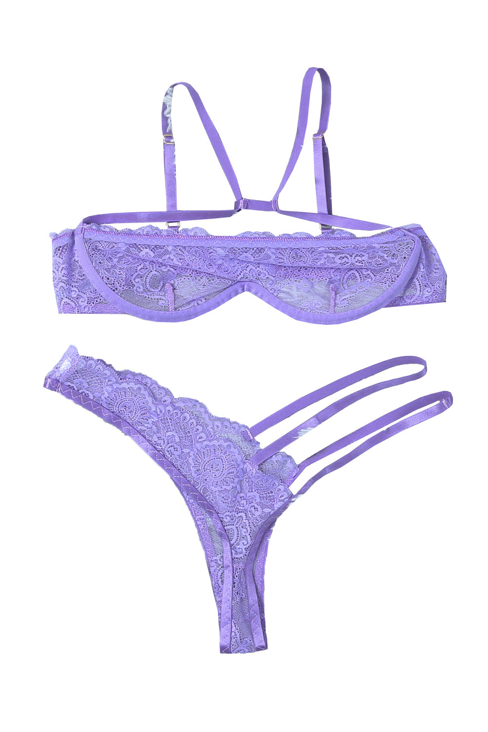 Purple Sheer Lace Asymmetric Strappy 2pcs Lingerie Set