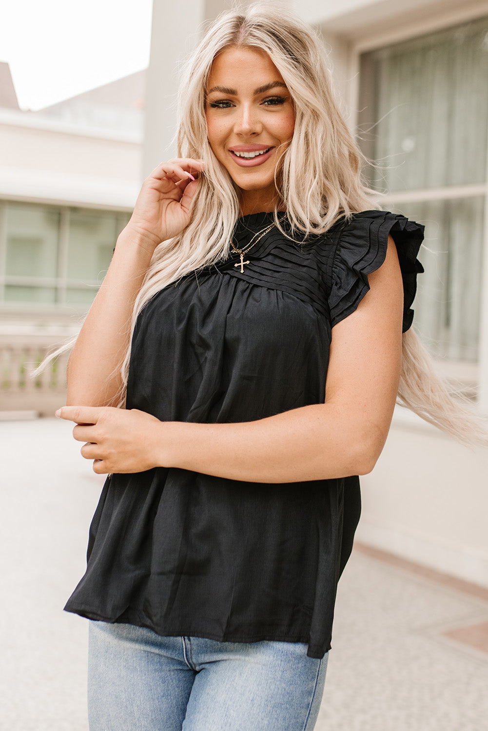 Black Ruffle Sleeve Pleated Yoke Loose Top