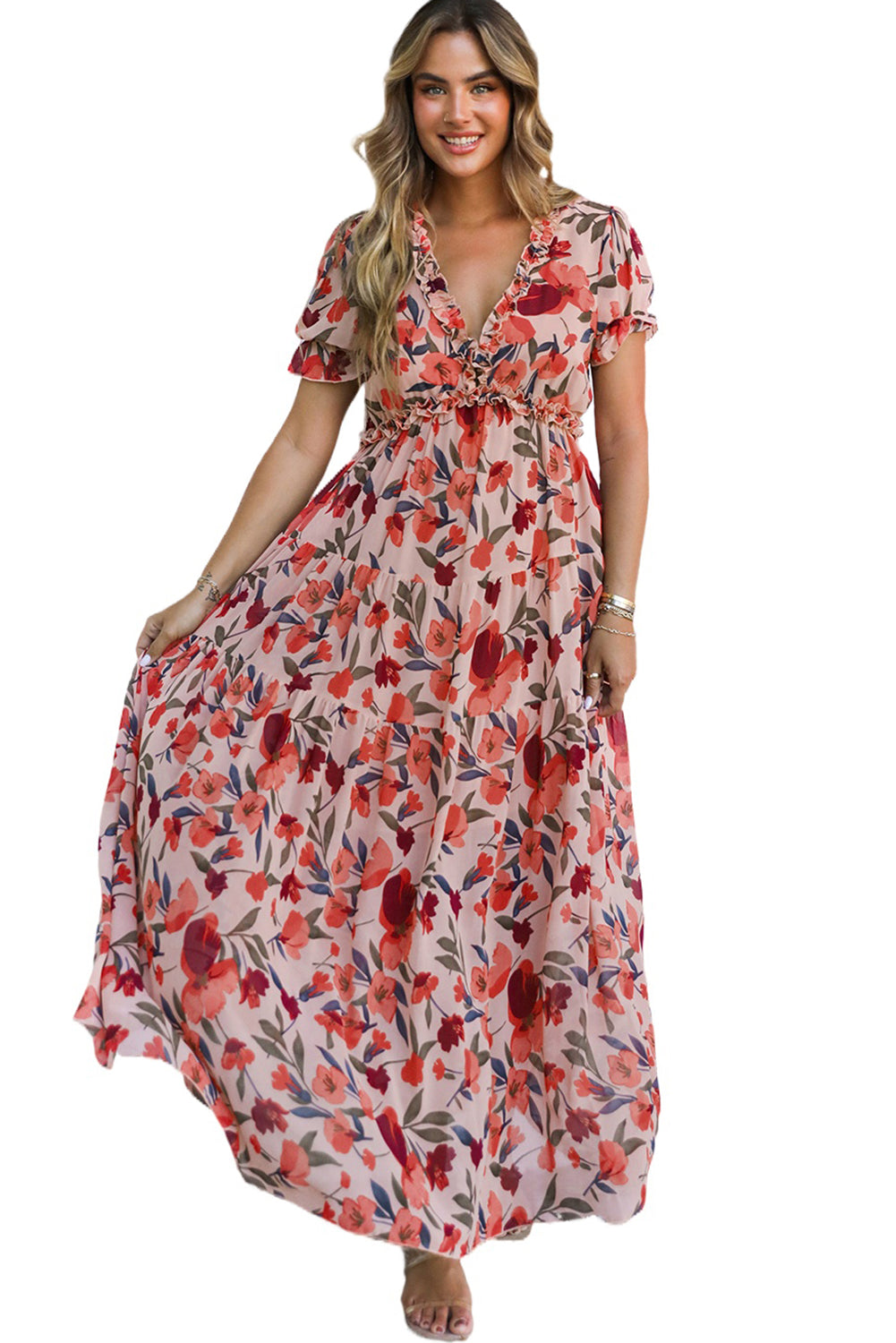 Red Floral Print Frilled V Neck Short Sleeve Maxi Dress