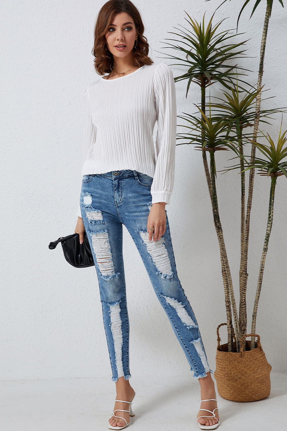 White Ribbed Crewneck Puff Long Sleeve Top