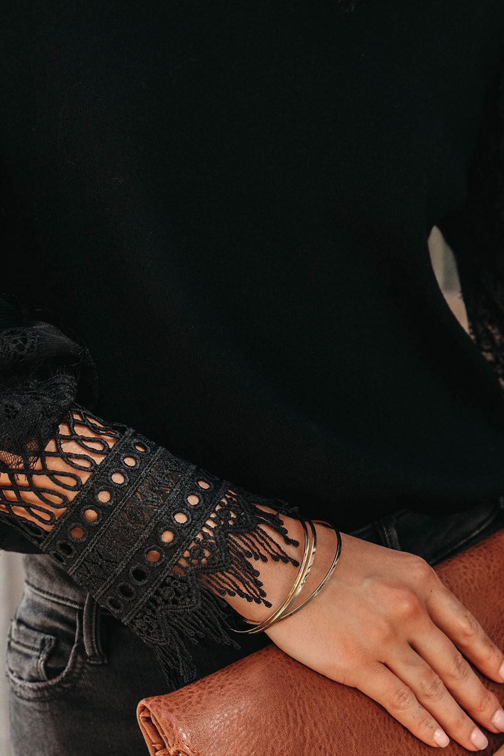 Black Sheer Lace Mesh Bishop Sleeve Top