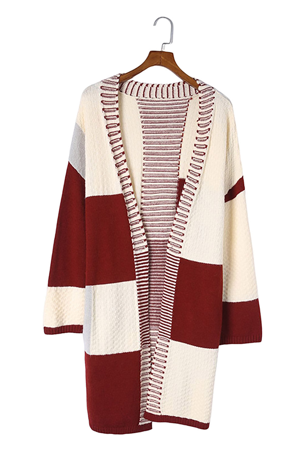 Red Chunky Block Pattern Knit Open Front Cardigan