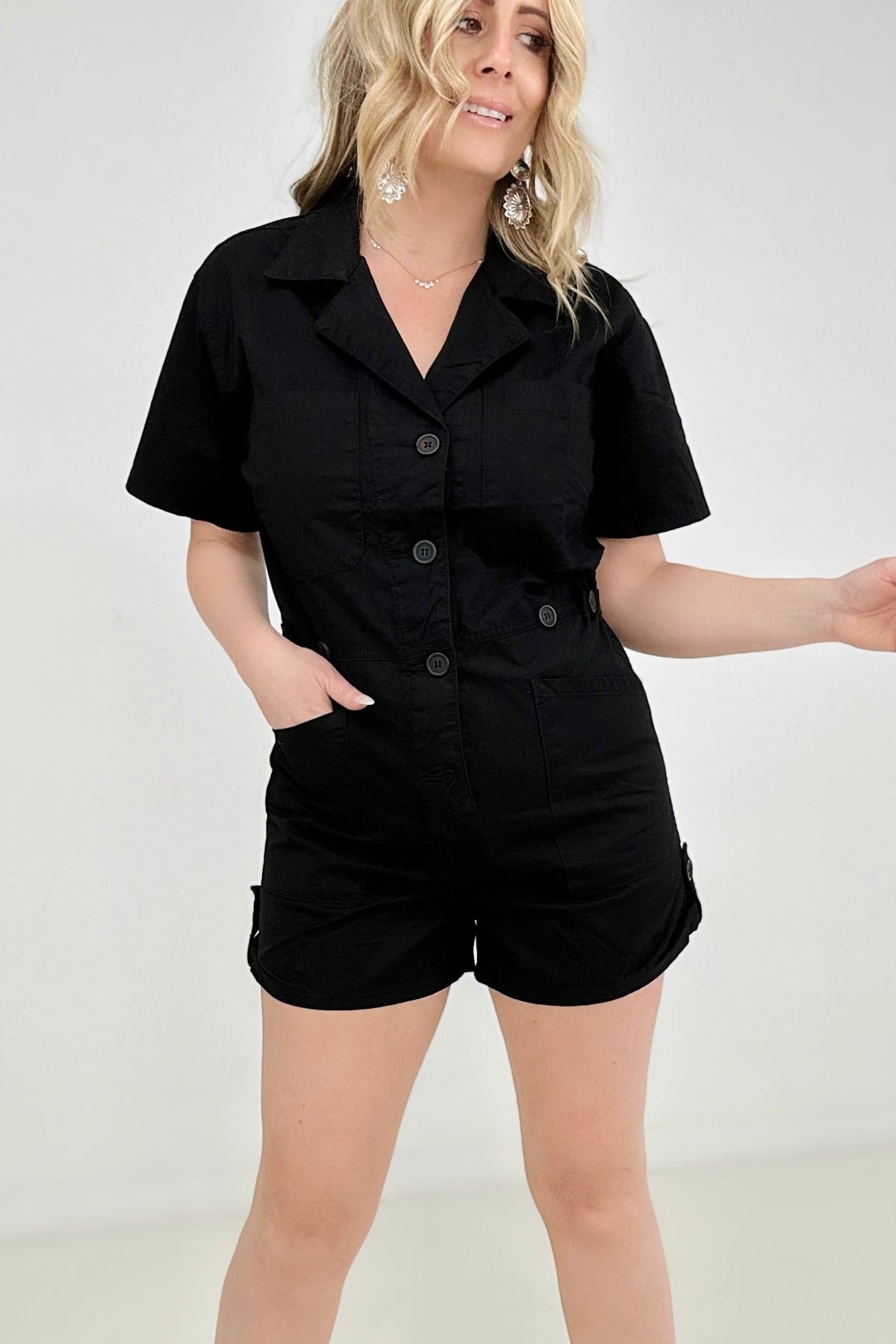 Amicg Woven Cotton Button Front Shirt Romper