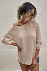 Khaki Solid Waffle Knit Raglan Sleeve Top