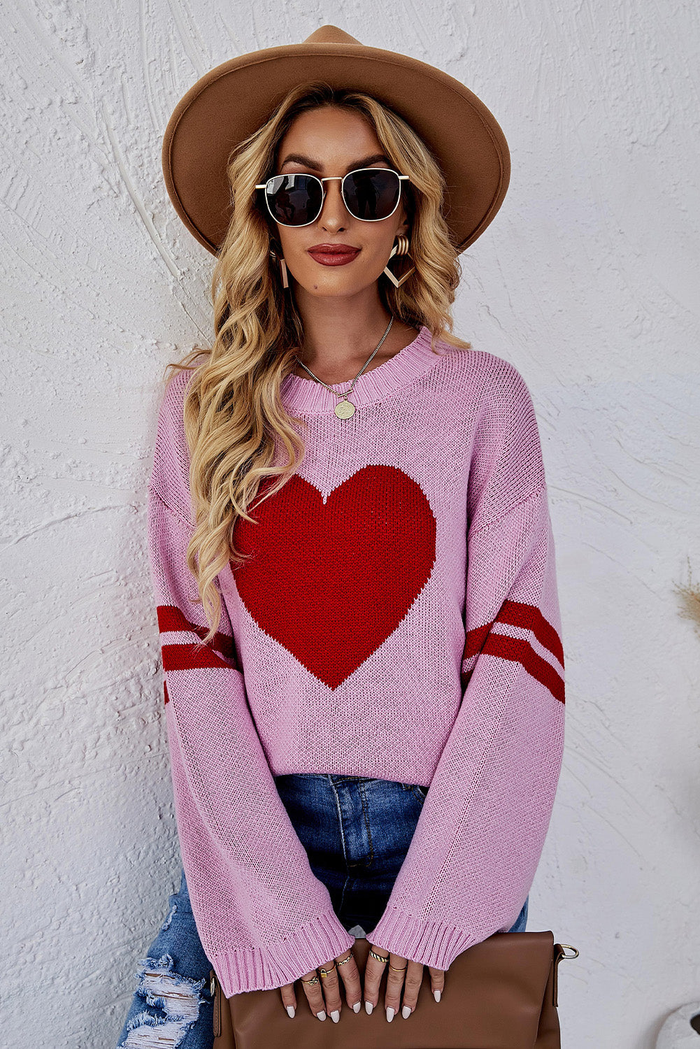 Pink Heart Graphic Wide Sleeves Sweater