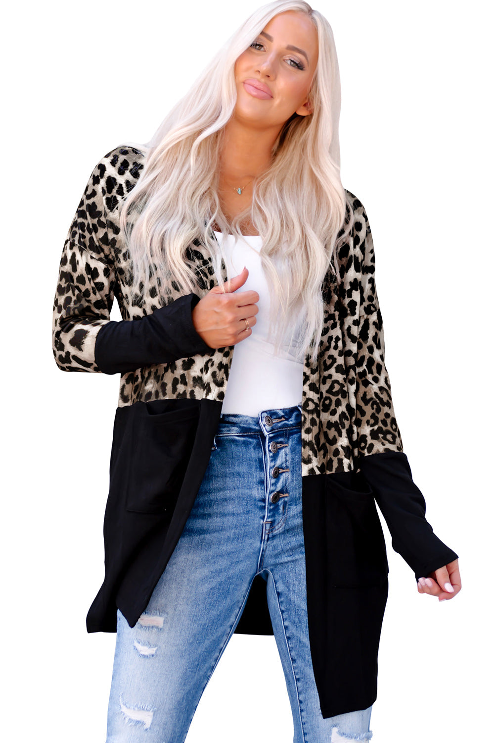 Black Leopard Print Patchwork Pocket Cardigan