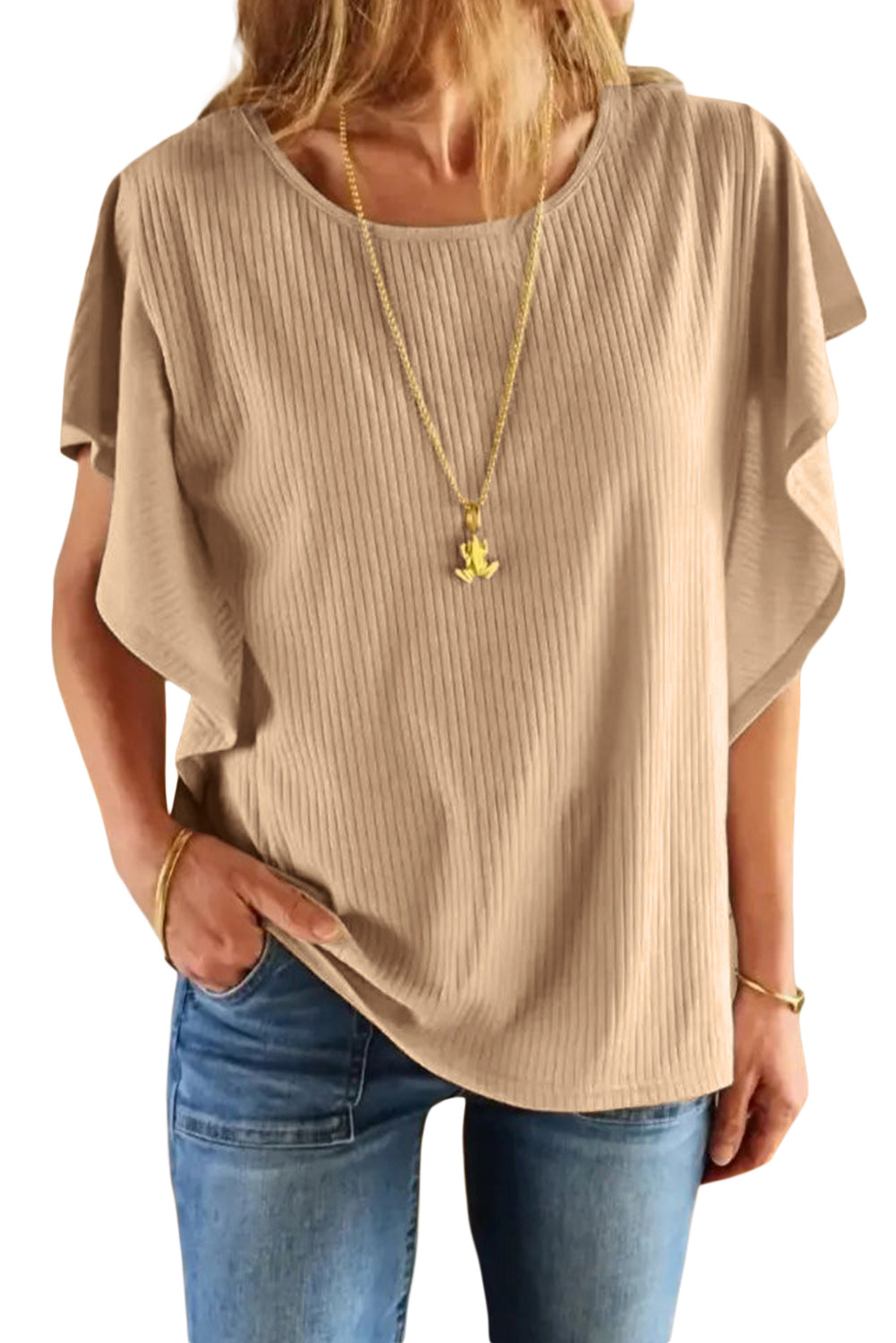 Apricot Ruffled Ribbed Knit Loose Top