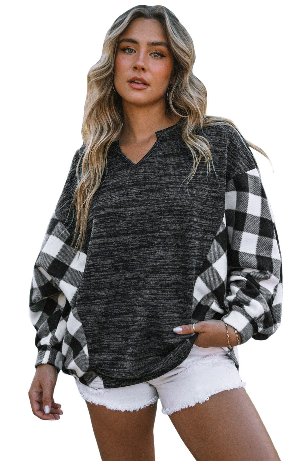 Black Buffalo Plaid Splicing Split Neck Knit Top