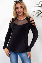 Black Mesh Patch Ripped Long Sleeve Top