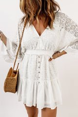 White Lace Crochet Buttons Bell Sleeve V Neck Mini Dress