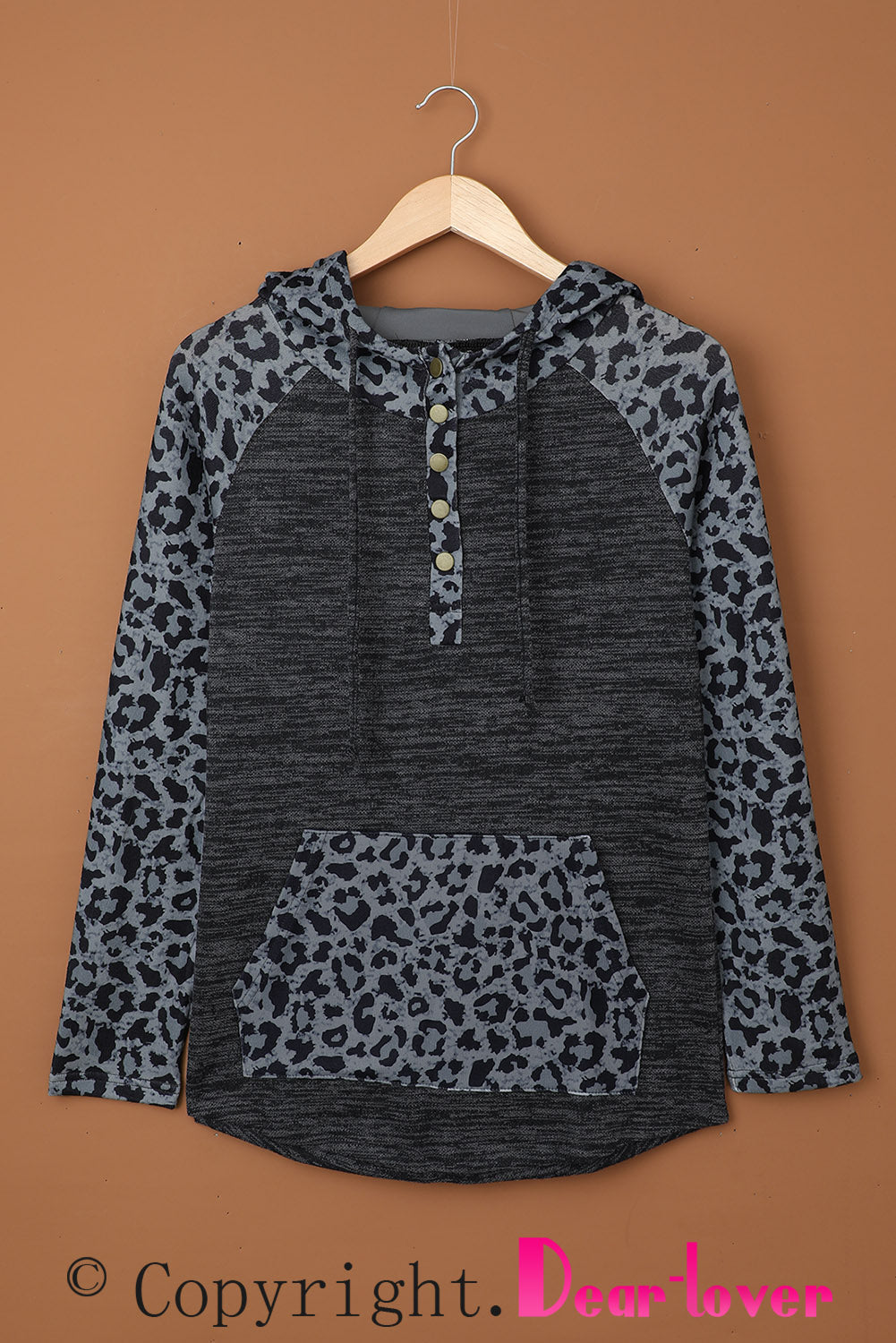 Color Block Leopard Long Sleeves Black Hoodie