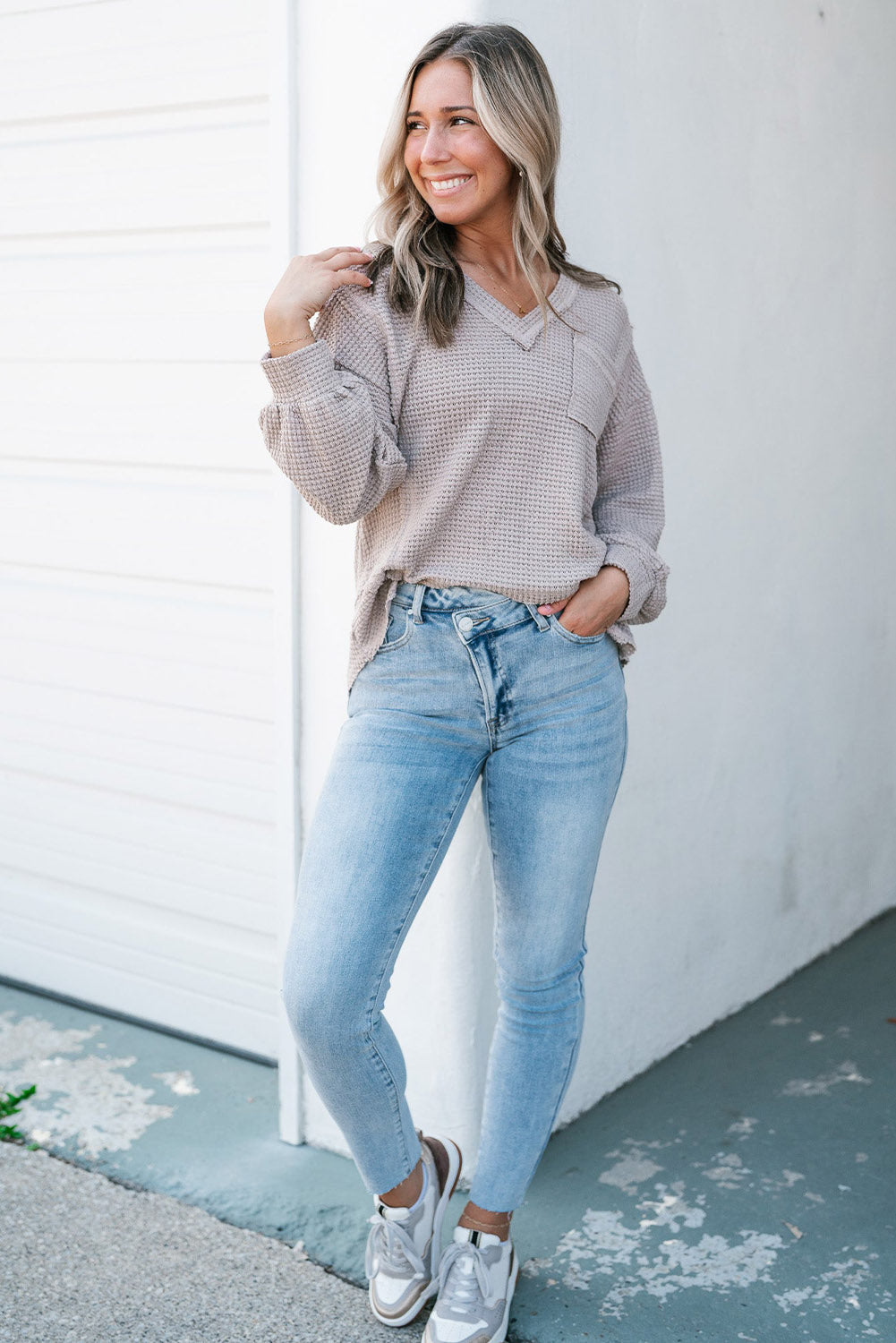 Light Grey Raw Edge Detail Waffle Knit V Neck Top