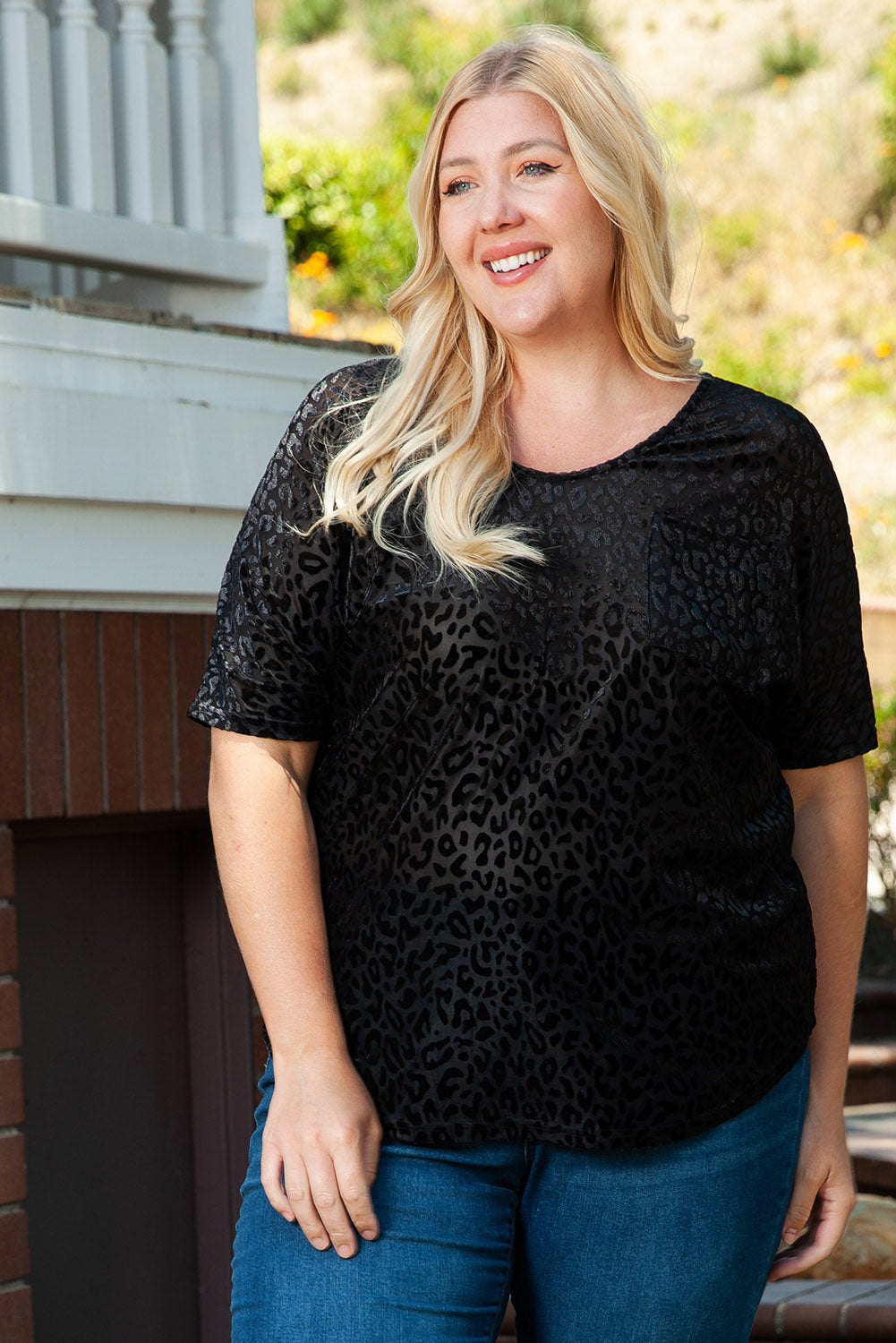 Black Plus Size Leopard Emboss V Neck Top