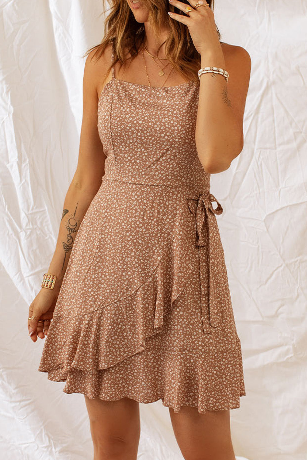 Khaki Spaghetti Straps Ruffled Hem Floral Dress