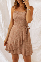 Khaki Spaghetti Straps Ruffled Hem Floral Dress