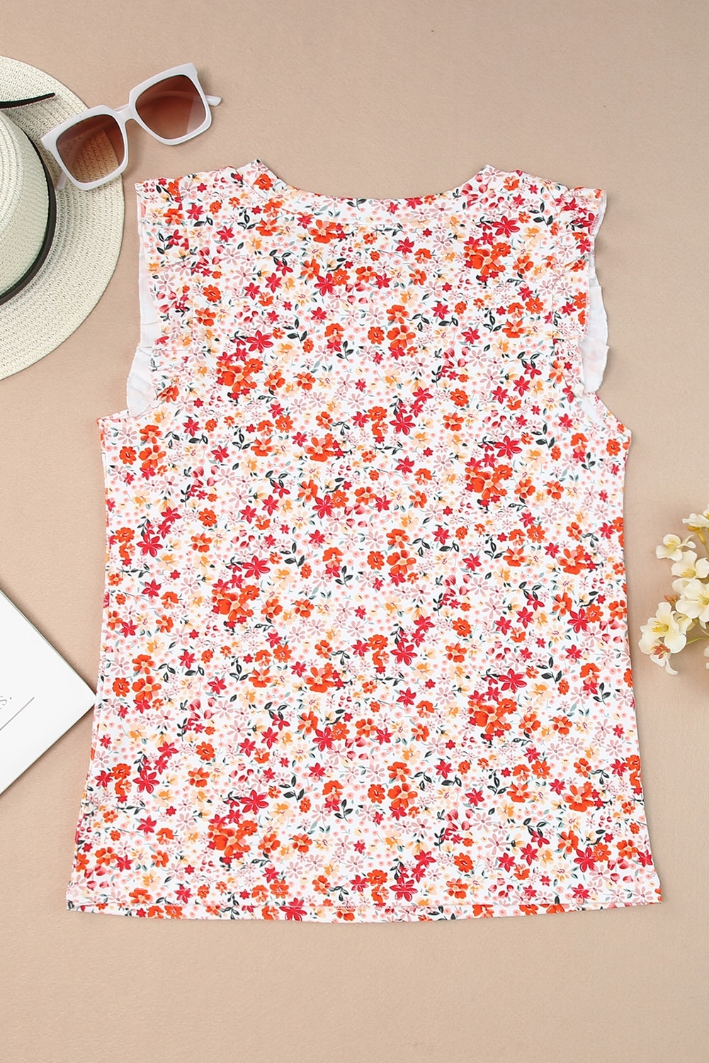 Red Floral Ribbed Knit Frill Tank Top