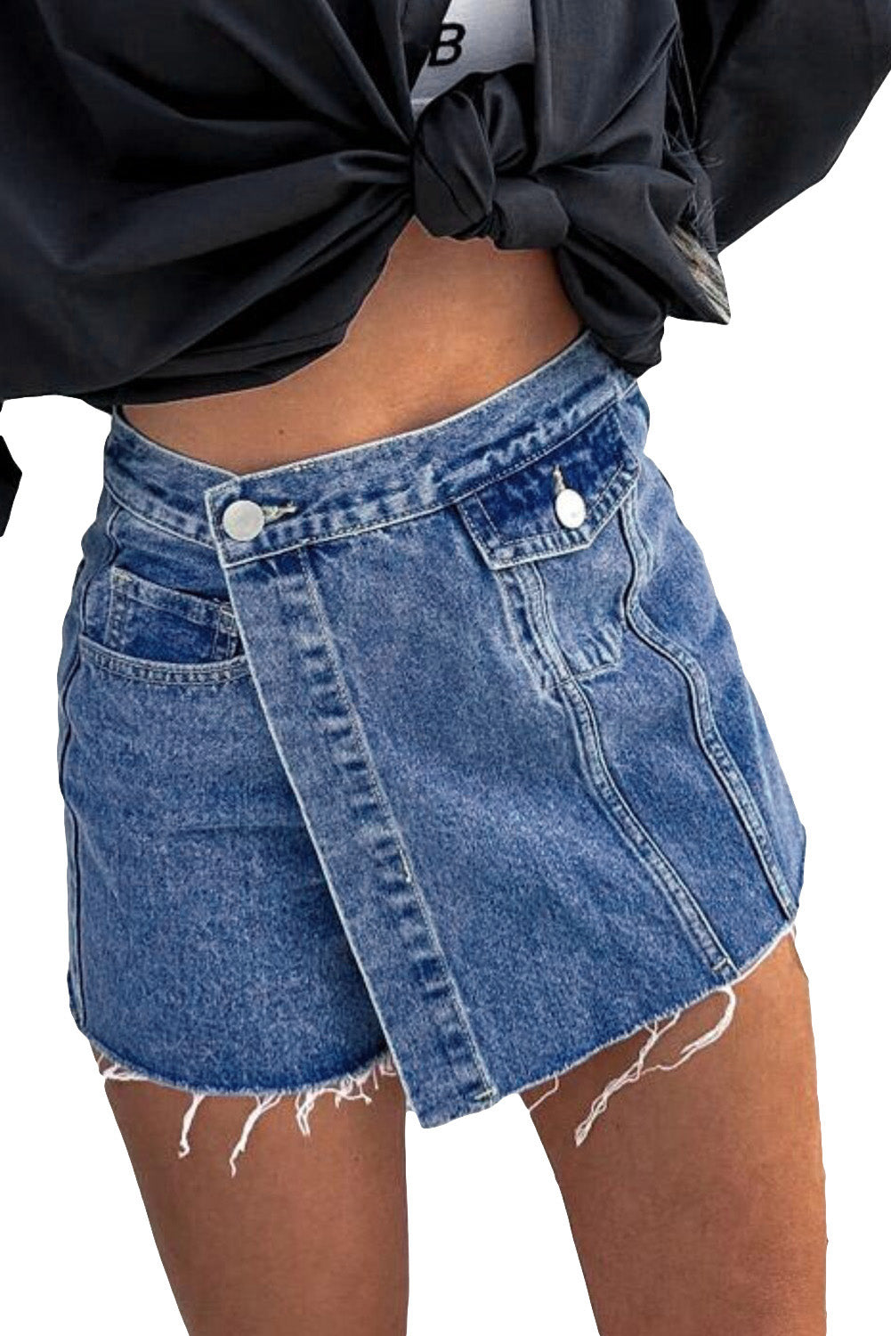 Sky Blue Button Wrap Over Raw Hem Denim Shorts