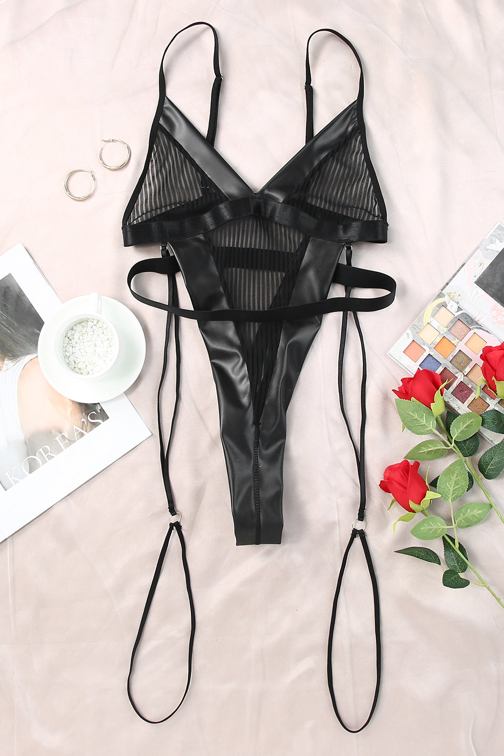 Black Sheer Striped Faux Leather Trim Garter Belt Teddy Lingerie