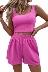 Rose Rib Knitted Sleeveless Crop Top and Elastic Waist Shorts Set