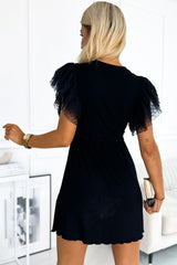 Black Dotty Mesh Ruffle Sleeve Ribbed Knit Babydoll Mini Dress