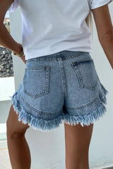 Sky Blue Raw Hem Acid Wash Denim Shorts