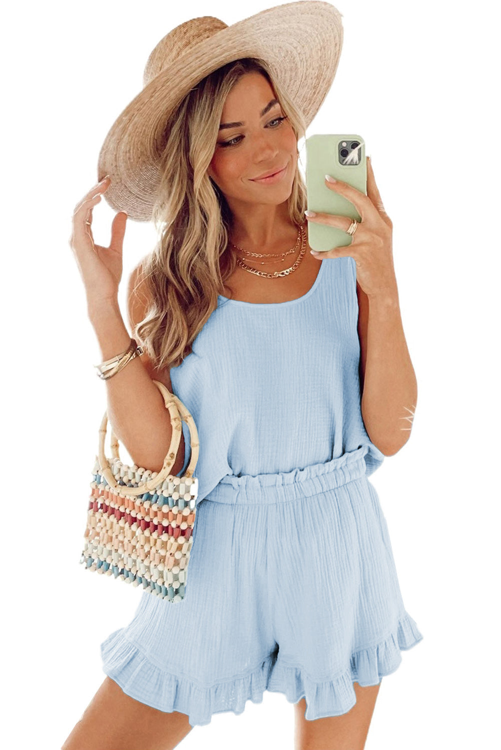 Sky Blue Textured U Neck Tank Top and High Waist Shorts Set