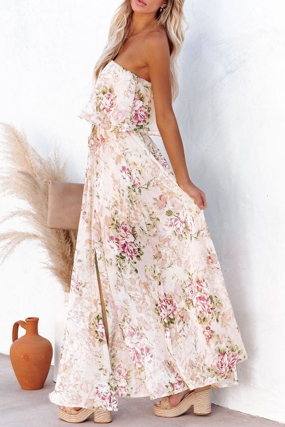 Pink Floral Print Strapless Tube Top Maxi Dress