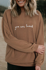 Khaki You Are Loved Print Corduroy Sweatshirt