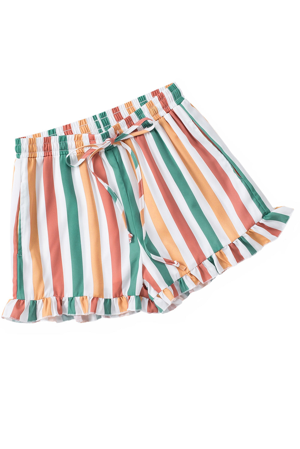 Multicolor Striped Ruffle Hem Drawstring Shorts