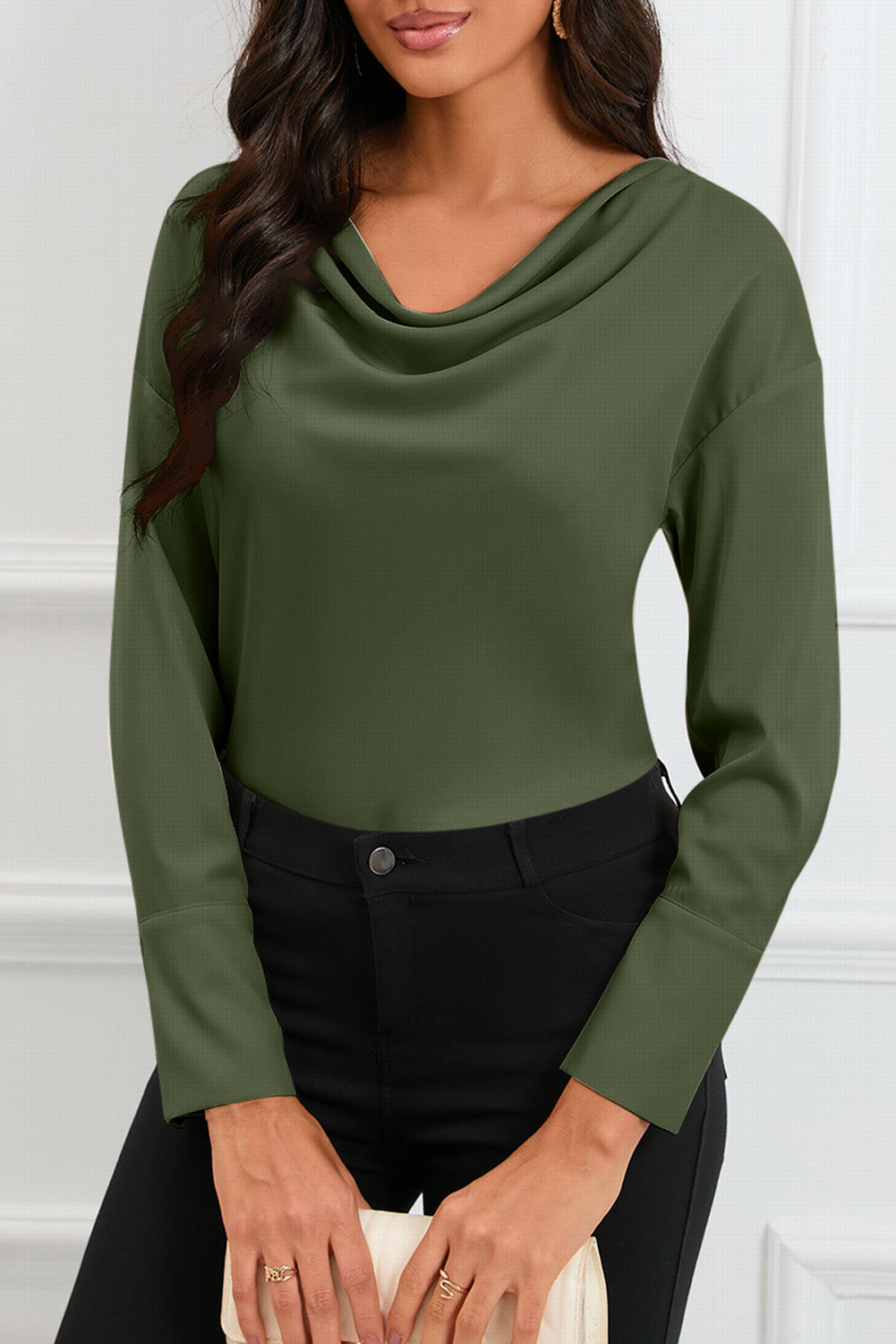 Green Cowl Neck Long Sleeve Elegant Blouse