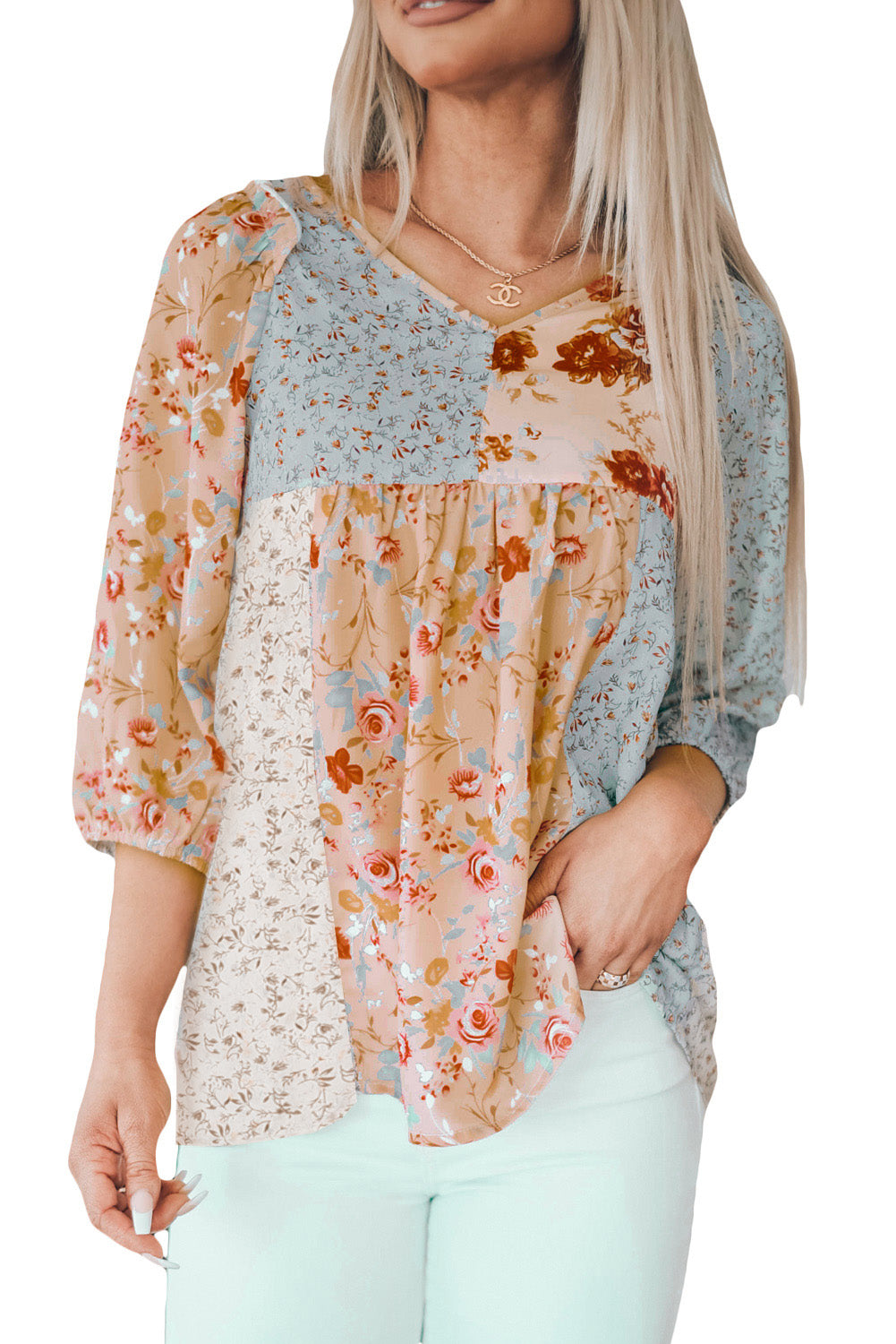 Multicolor V Neck Mixed Floral Babydoll Top