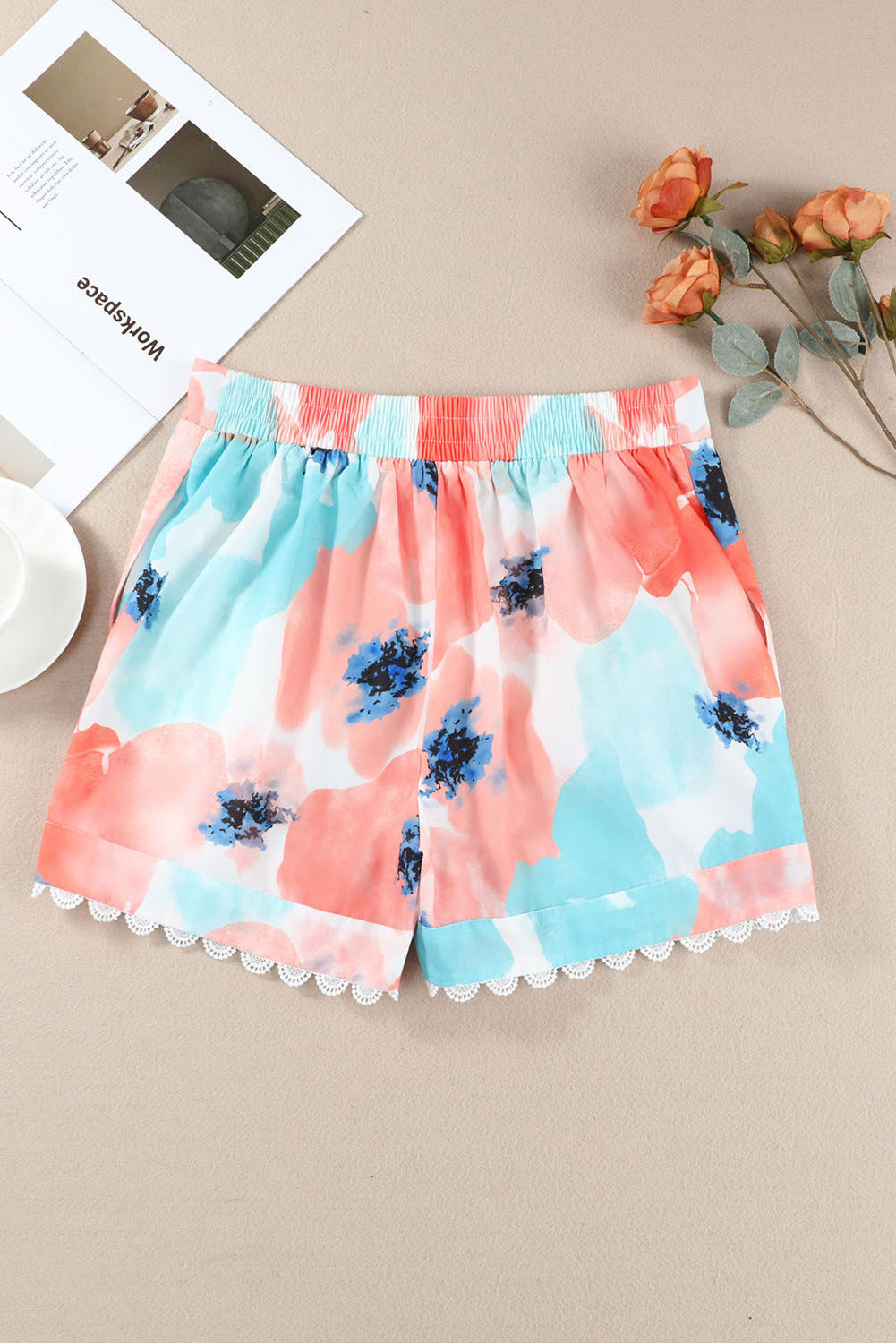 Pink Abstract Water Marbling Print Lace Trim Shorts