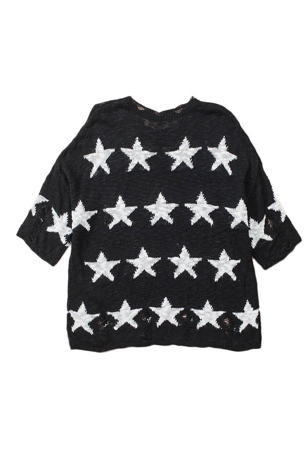 Black Star Print Half Sleeve Distressed Knit Top