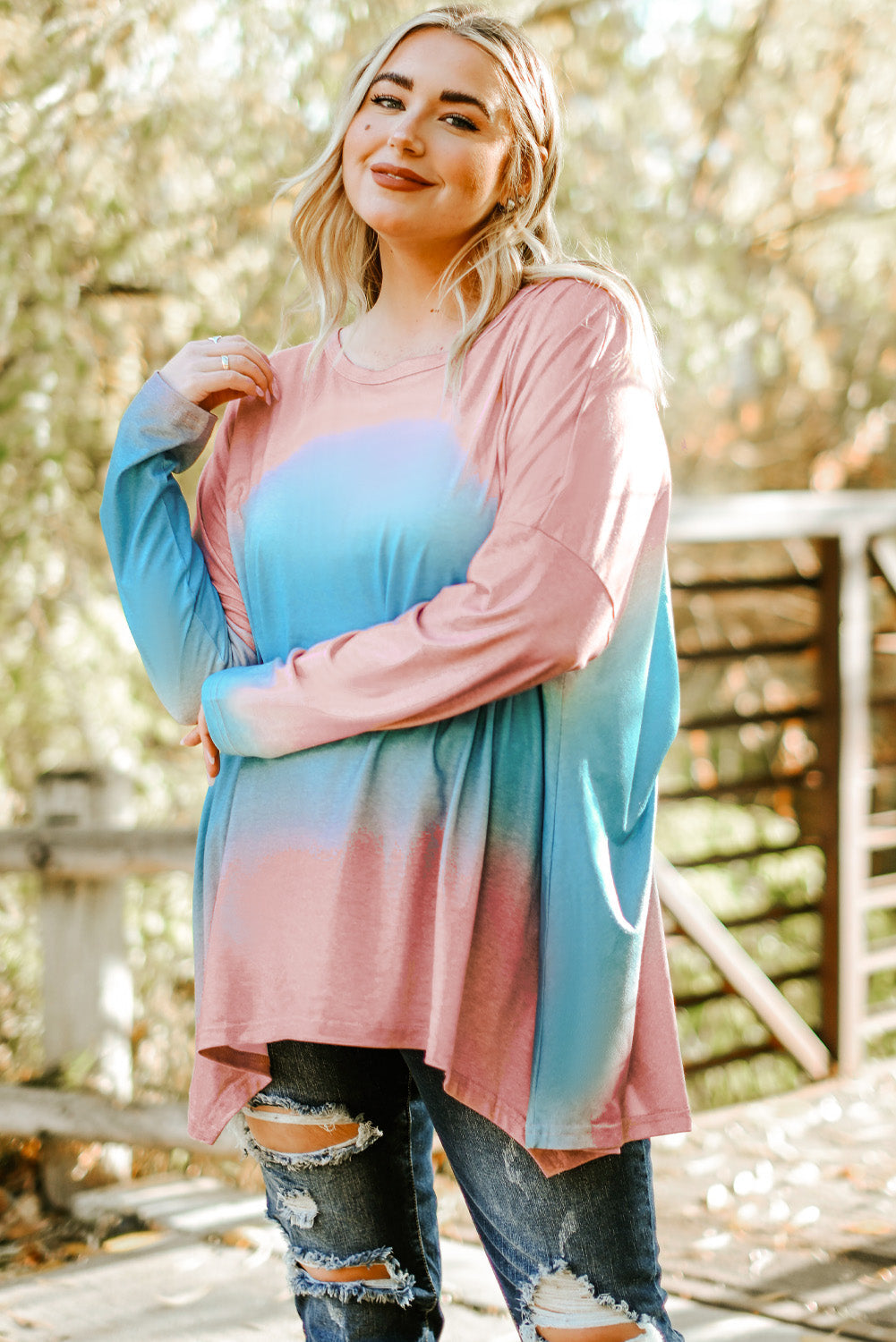 Sky Blue Plus Size Painted Poncho Top