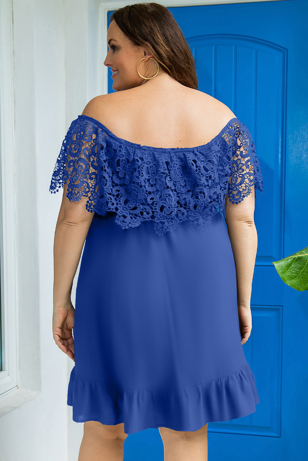 Blue Off-the-shoulder Lace Sleeves Plus size Dress