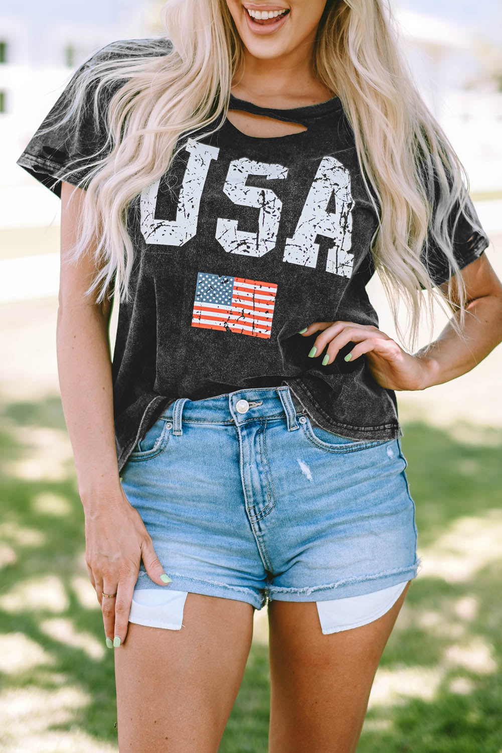 Black Distressed Tie-dye USA Flag Print T-shirt