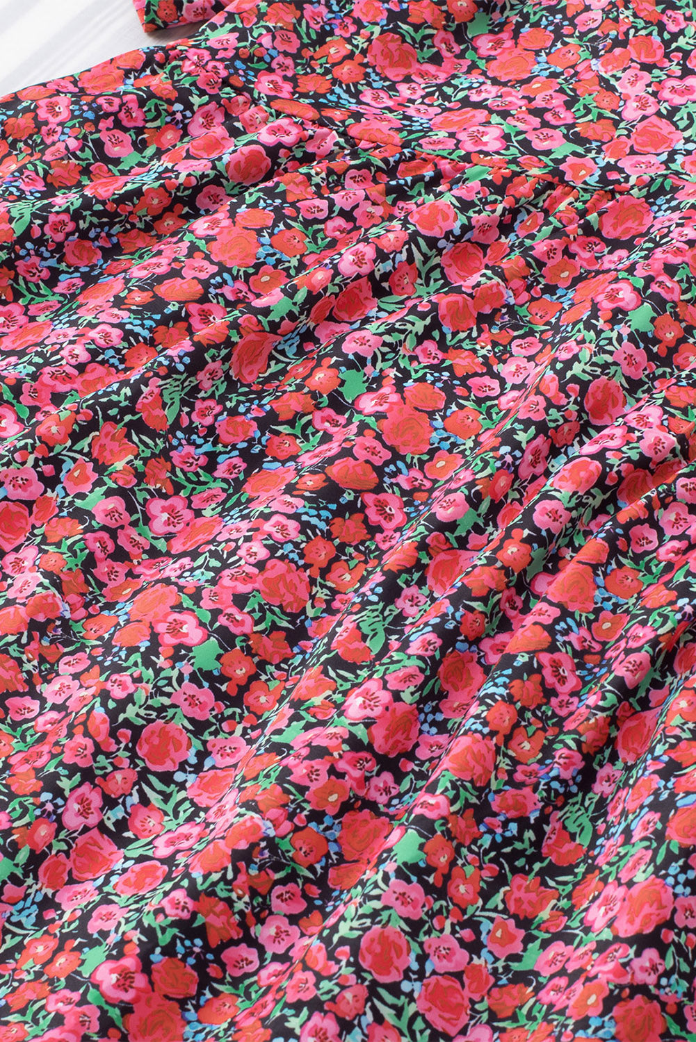 Red Vintage Puff Sleeve Side Pockets Floral Dress