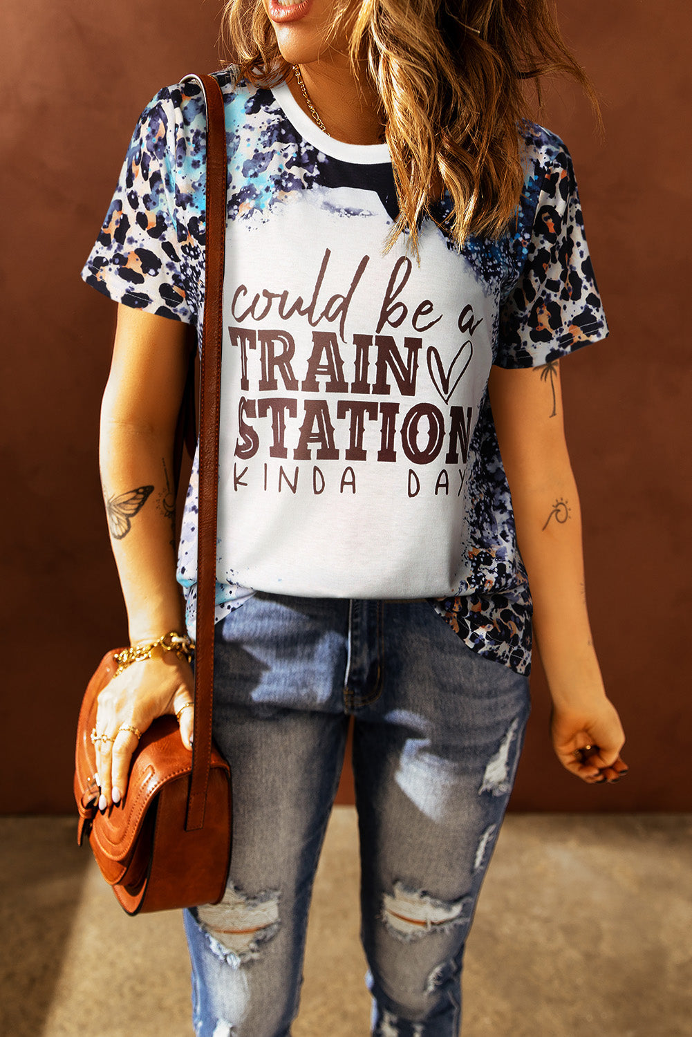 Brown TRAIN STATION Graphic Leopard Print T Shirt