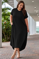 Black Plus Size V Neck Rolled Cuffs Maxi Dress