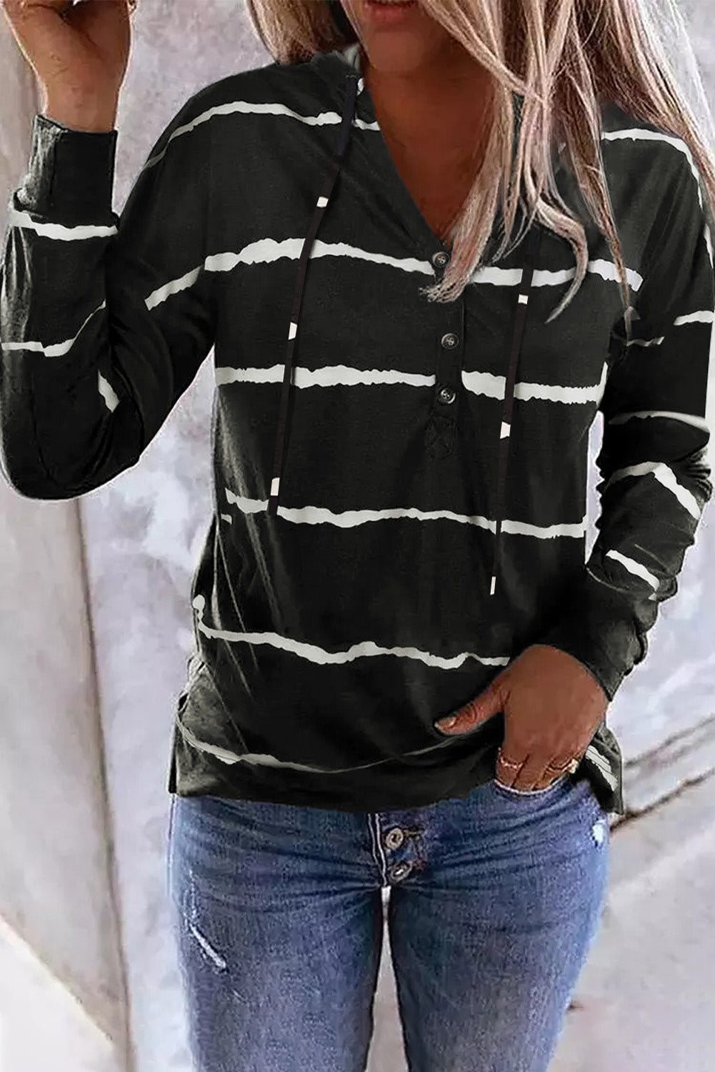 White Striped Drawstring Button Long Sleeve Hoodie