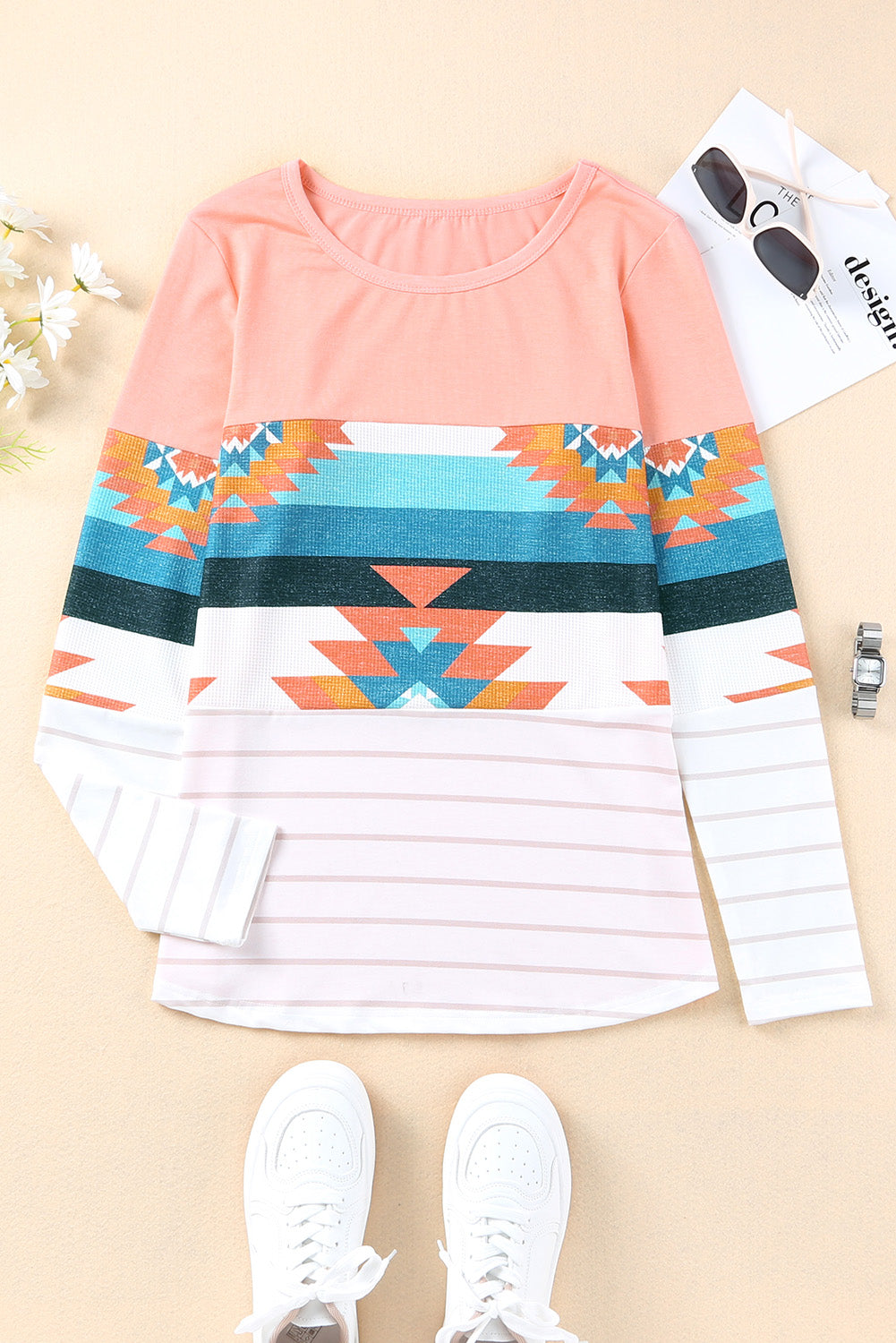 Pink Aztec Stripe Color Block Slim Fit Long Sleeve Top