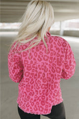 Pink Plus Size Leopard Print Button Cuffs Raw Hem Jacket