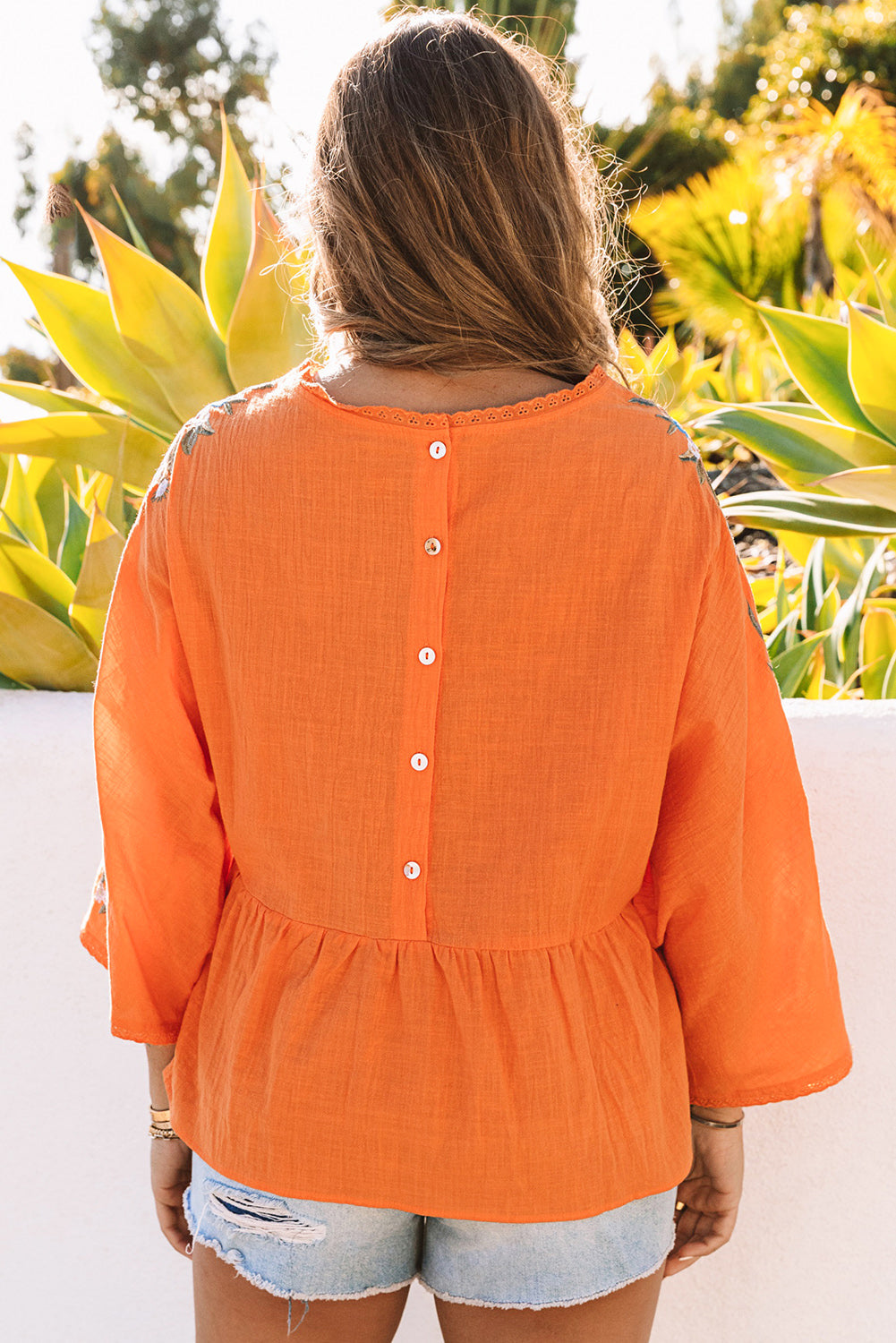 Orange Kimono Sleeves Embroidered Top