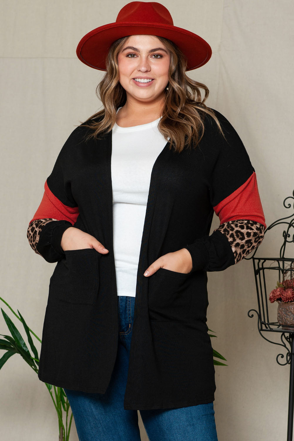 Black Leopard Color Block Sleeve Plus Size Cardigan