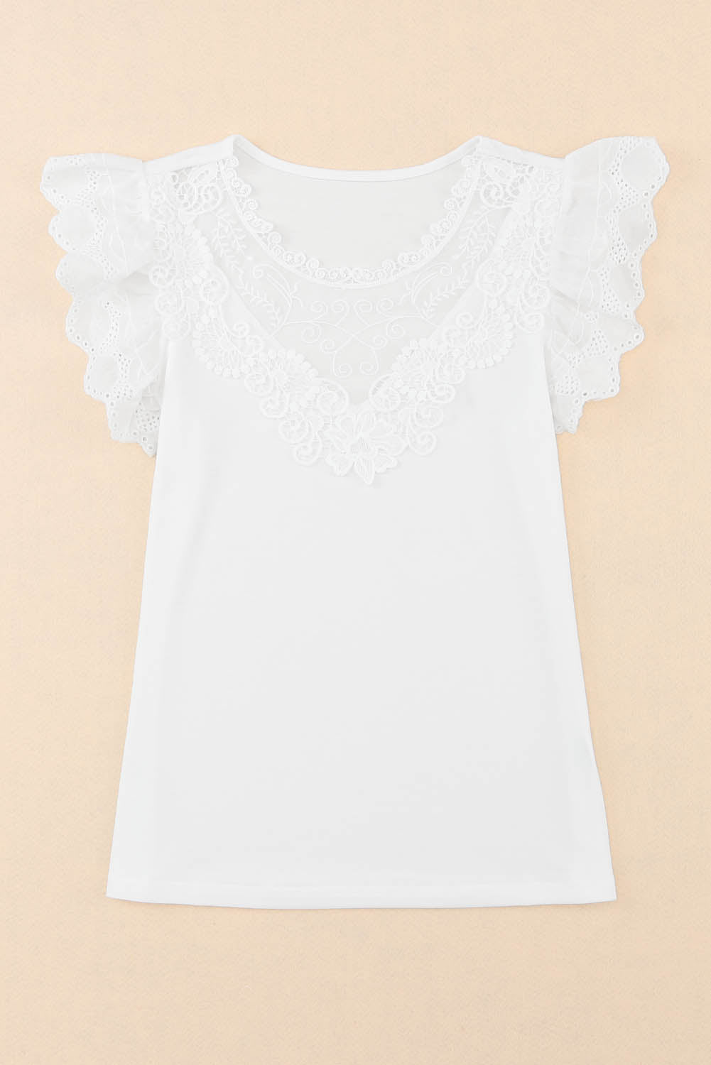 White Lace Splice Ruffle Eyelet Flutter Sleeve Top