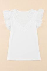 White Lace Splice Ruffle Eyelet Flutter Sleeve Top